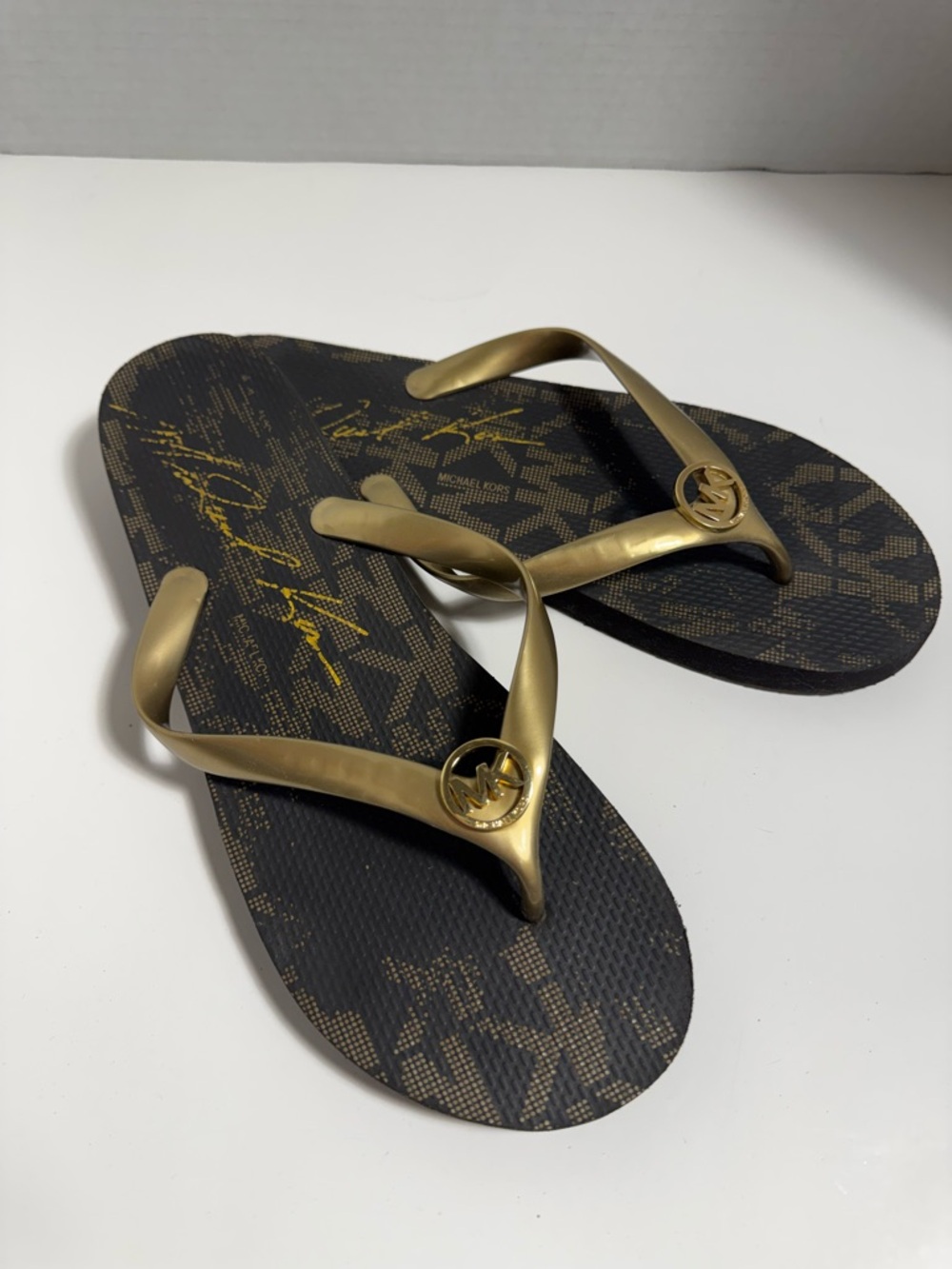 Michael Kors Brown and Gold Logo Flip Flops